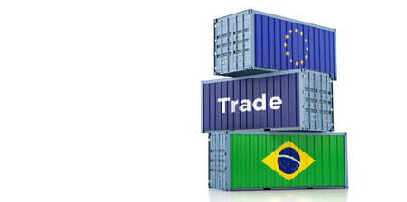 Freight container with European Union and Brazil flag. 3D Renderingの写真素材