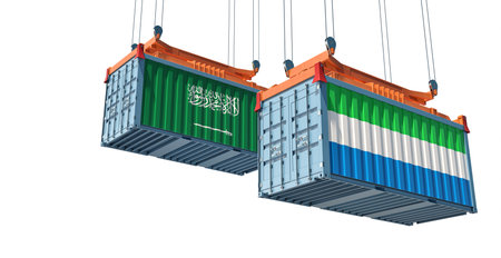 Shipping containers with Sierra Leone and Saudi Arabia national flags. 3D Renderingの写真素材