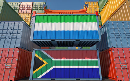 Shipping containers with Sierra Leone and South Africa national flags. 3D Renderingの写真素材