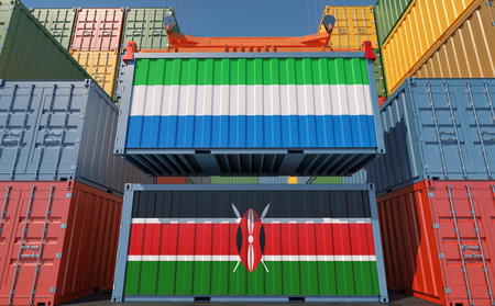 Shipping containers with Sierra Leone and Nigeria national flags. 3D Renderingの写真素材