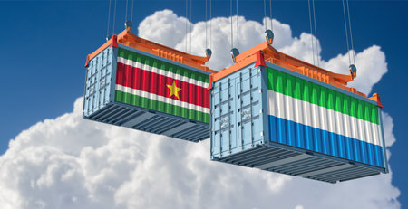 Cargo containers with Suriname and Sierra Leone national flags. 3D Renderingの写真素材