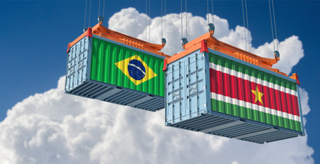 Cargo containers with Suriname and Brazil national flags. 3D Renderingの写真素材