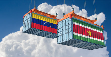 Cargo containers with Suriname and Venezuela national flags. 3D Renderingの写真素材