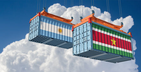 Cargo containers with Suriname and Argentina national flags. 3D Renderingの写真素材