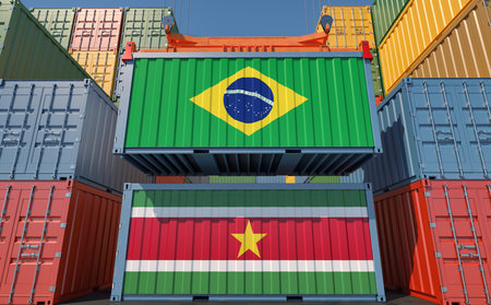 Cargo containers with Suriname and Brazil national flags. 3D Renderingの写真素材