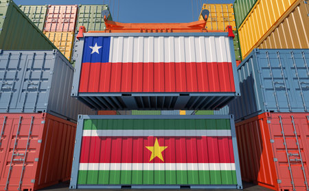 Cargo containers with Suriname and Chile national flags. 3D Renderingの写真素材