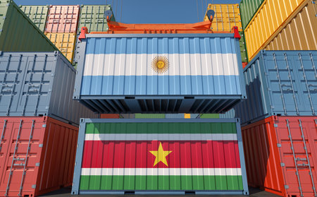 Cargo containers with Suriname and Argentina national flags. 3D Renderingの写真素材
