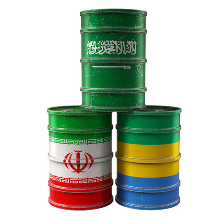 Old Oil Drums with Saudi Arabia, Gabon and Iran national flags. 3D renderingの写真素材