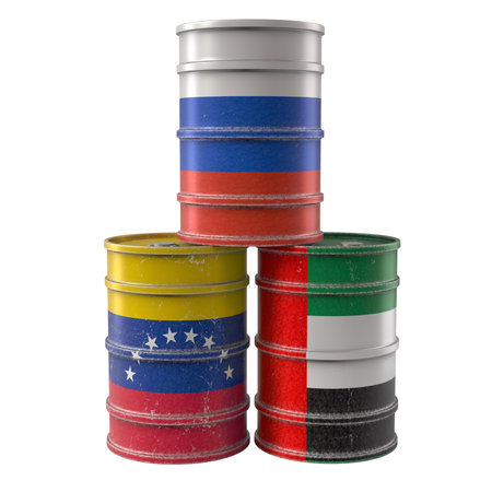 Old Oil Drums with Russia, Venezuela and United Arab Emirates national flags. 3D renderingの写真素材