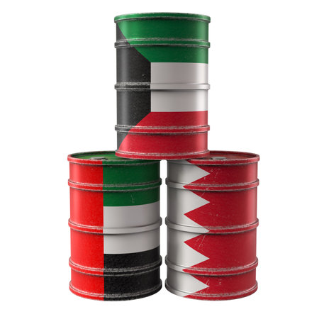Old Oil Drums with Kuwait, Bahrain and United Arab Emirates national flags. 3D renderingの写真素材