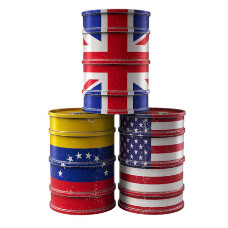 Old Oil Drums with United Kingdom, USA and Venezuela national flags. 3D renderingの写真素材