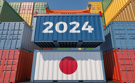 Trading 2024. Freight container with Japan national flag. 3D renderingの写真素材