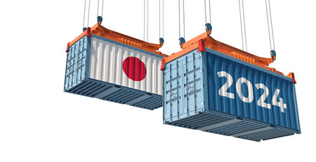 Trading 2024. Freight container with Japan national flag. 3D renderingの写真素材