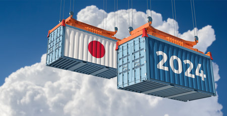 Trading 2024. Freight container with Japan national flag. 3D renderingの写真素材