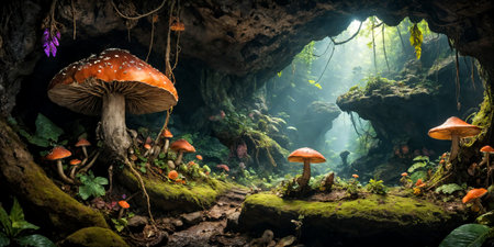 Fantasy landscape. Jungle cave with mushrooms,の素材