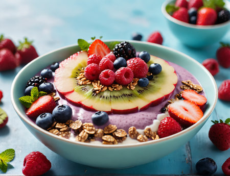 Colorful fruit smoothie bowl, decorated with different fresh berries and granolaの素材