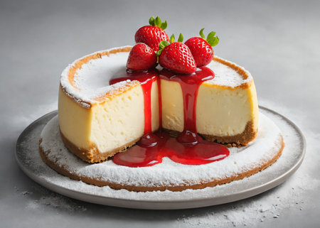 Delicious cheesecake with a layer of strawberry compote and a dusting of powdered sugarの素材