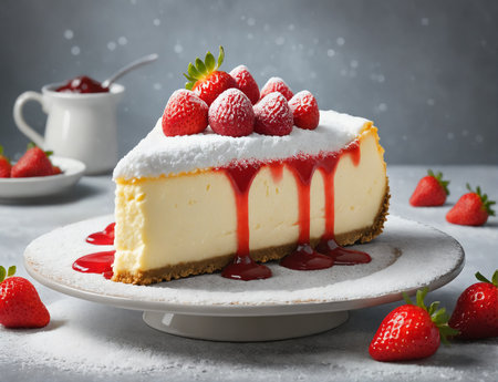 Delicious cheesecake with a layer of strawberry compote and a dusting of powdered sugarの素材