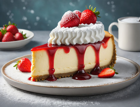 Delicious cheesecake with a layer of strawberry compote and a dusting of powdered sugarの素材