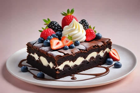 Delicious chocolate brownie dessert with cream and fruitsの素材