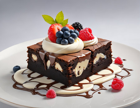 Delicious chocolate brownie dessert with cream and fruitsの素材