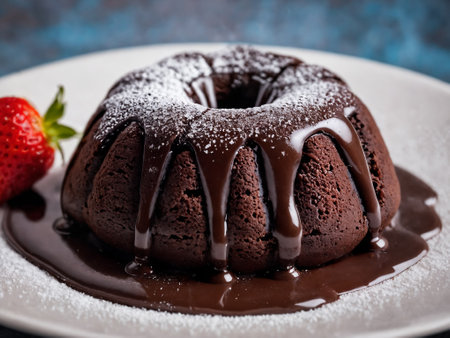 Delicious chocolate cake with warm, gooey chocolate, dusted with powdered sugarの素材
