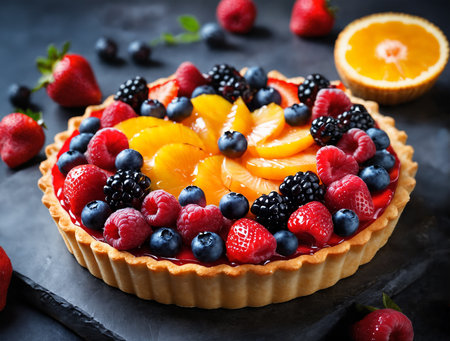 Delicious fruit tart, adorned with fresh berries, a shiny glaze and a buttery pastry crust.の素材