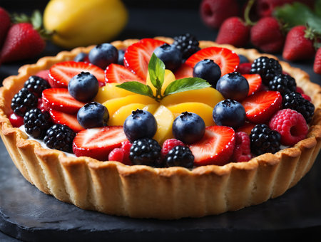 Delicious fruit tart, adorned with fresh berries, a shiny glaze and a buttery pastry crust.の素材