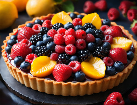 Delicious fruit tart, adorned with fresh berries, a shiny glaze and a buttery pastry crust.の素材