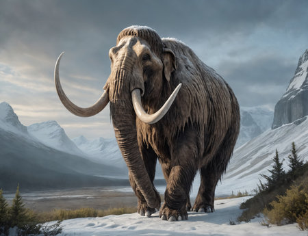 Big woolly mammoth in front of mountainsの素材