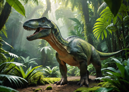 Prehistoric dinosaurs in vibrant jungle environmentの素材