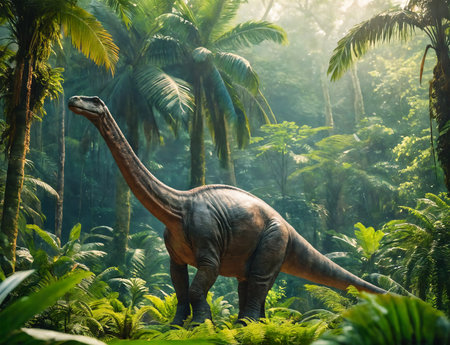 Prehistoric dinosaurs in vibrant jungle environmentの素材