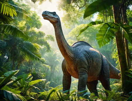 Prehistoric dinosaurs in vibrant jungle environmentの素材