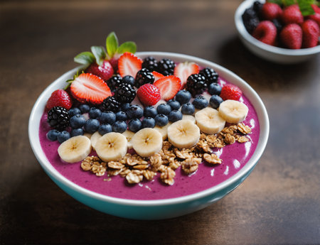 Colorful fruit smoothie bowl, decorated with different fresh berries and granolaの素材