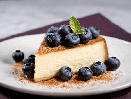 Cheesecake with fresh blueberries and cinnamon on a white plateの素材