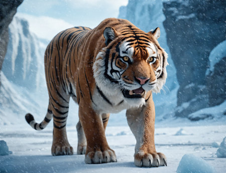 Dangerous imposing tiger in the snowの素材