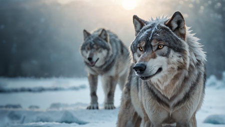 Two wolves in the winter forest. Canis lupusの素材