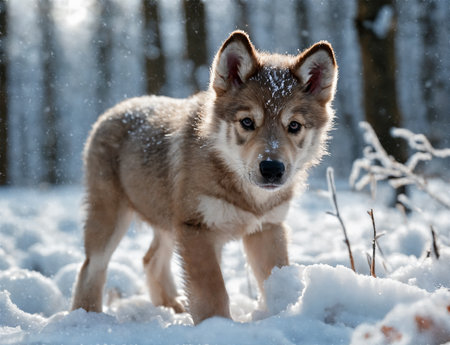 Young puppy wolf in a snow covered forest.の素材