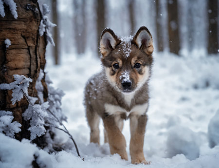 Young puppy wolf in a snow covered forest.の素材