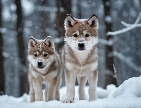 Young puppy wolf in a snow covered forest.の素材