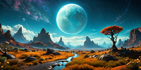 Alien World. Exoplanet with a moon low in the sky.の素材