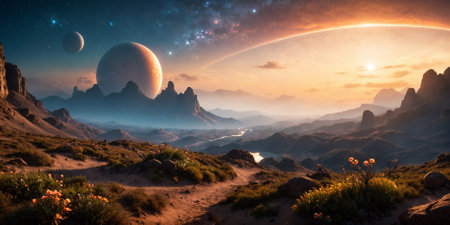 Alien World. Exoplanet with a moon low in the sky.の素材