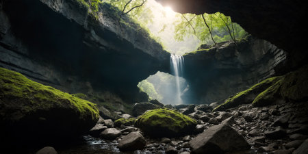 Mysterious jungle cave with a small waterfallの素材