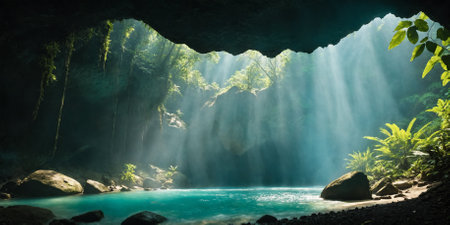 Beautiful water hole in a mysterious jungle cave.の素材