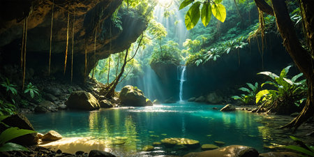 Beautiful water pond in a mysterious lush jungleの素材