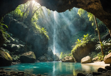Beautiful water pond in a mysterious lush jungleの素材