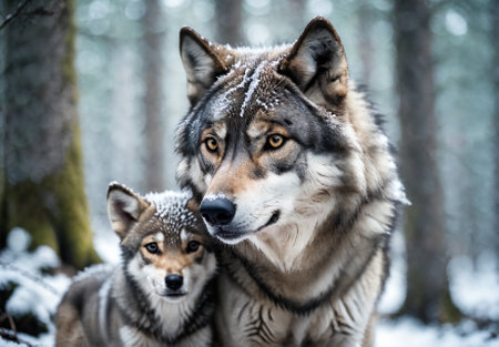 A female wolf with her young cub in snow covered forest.の素材