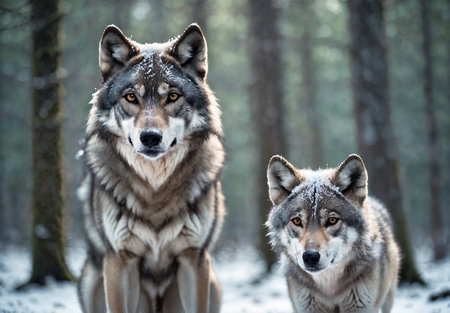 A female wolf with her young cub in snow covered forest.の素材