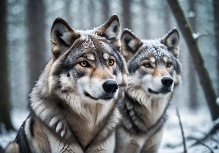 Two wolves in a snow covered forest.の素材