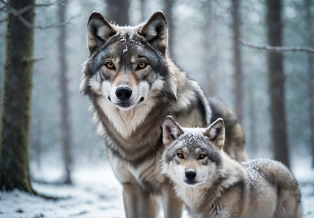 A female wolf with her young cub in snow covered forest.の素材